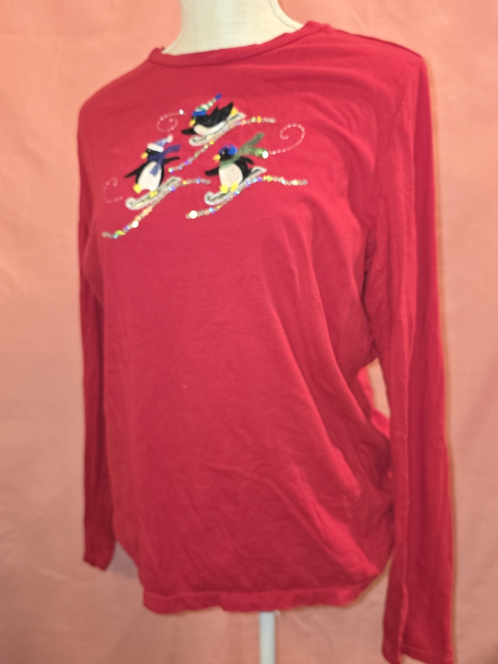 Red Long Sleeve Top with X.MAS Skiing Penguin embroydery